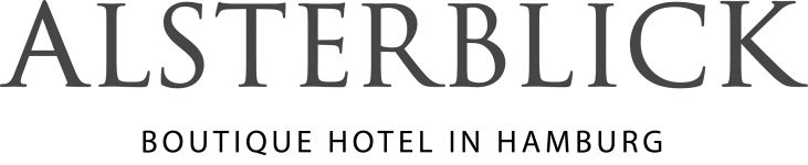 Logo mit dem Text ALSTERBLICK in großen Buchstaben und Boutique Hotel in Hamburg in kleineren Buchstaben darunter.